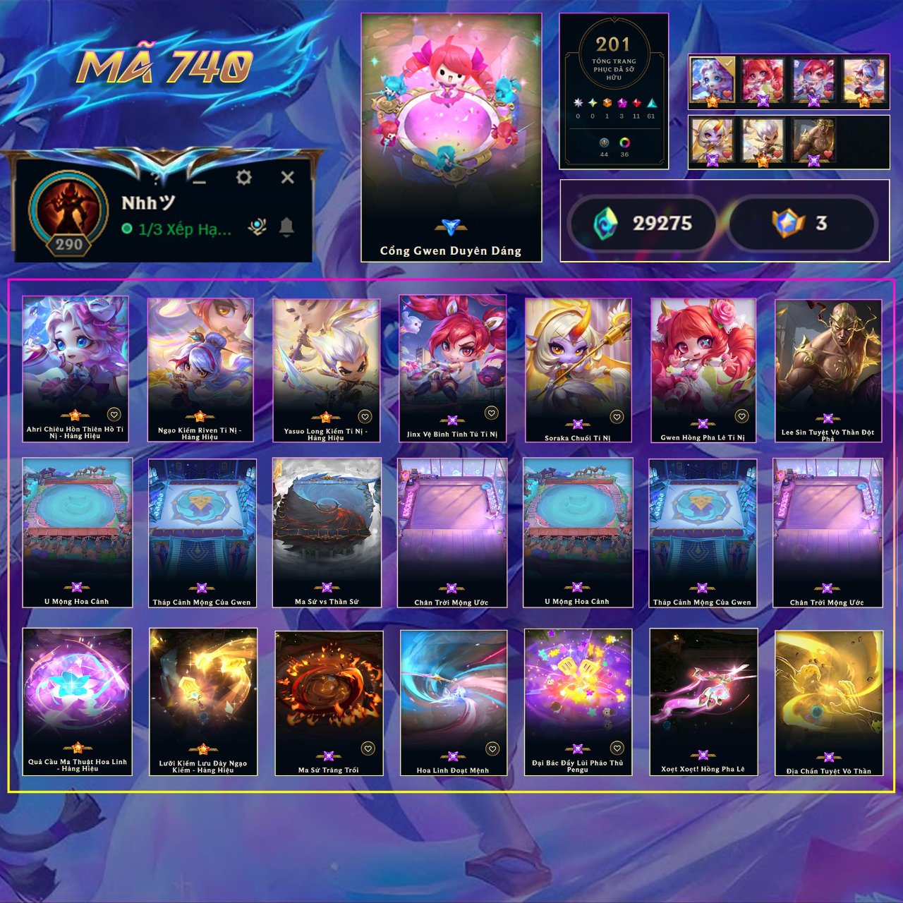 Thuê acc TFT 740 3 Hàng Hiệu (Ahri, Riven, Yasuo) + Lee Sin Đột Phá + Gwen Hồng Pha Lê + Sân Gwen Thần Thoại