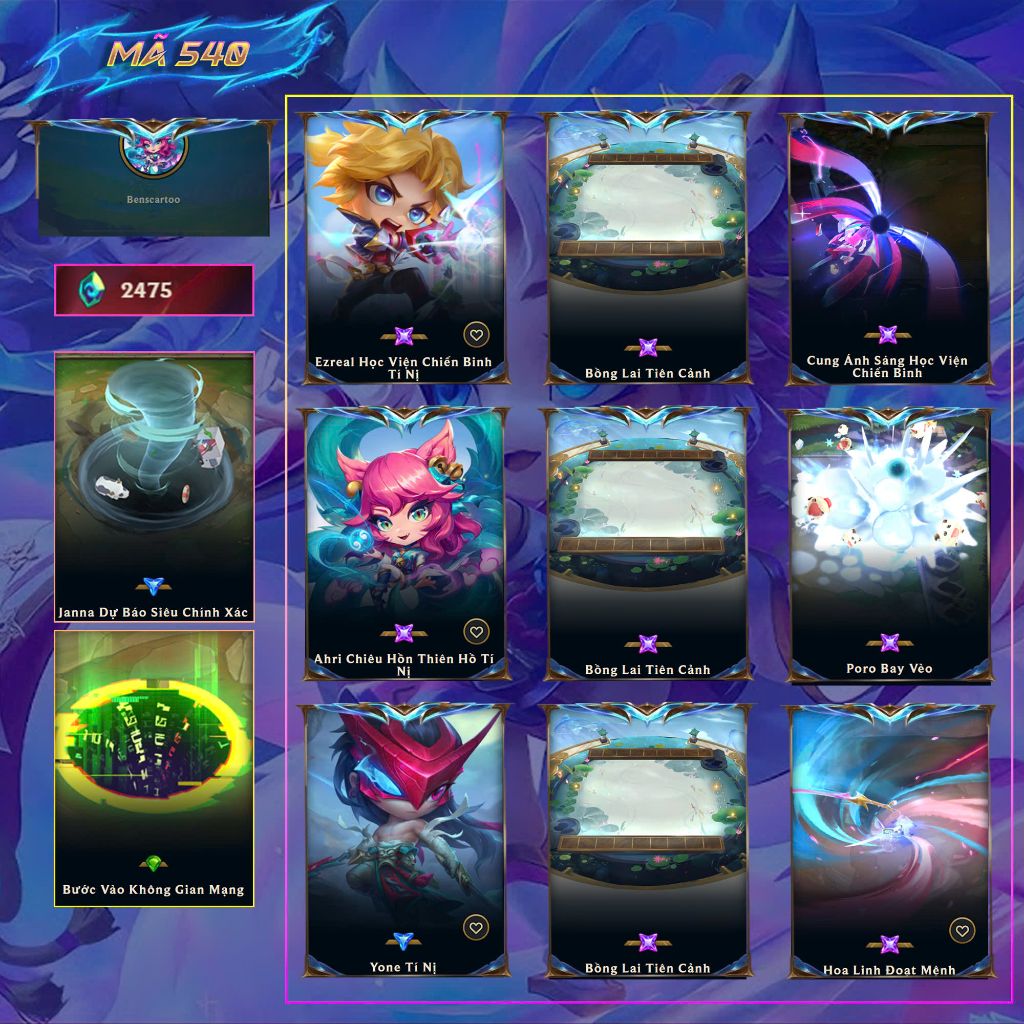 Ahri Chiêu Hồn Thiên Hồ + Ezreal Học Viện Chiến Binh + Sân Bồng Lai Tiên Cảnh
