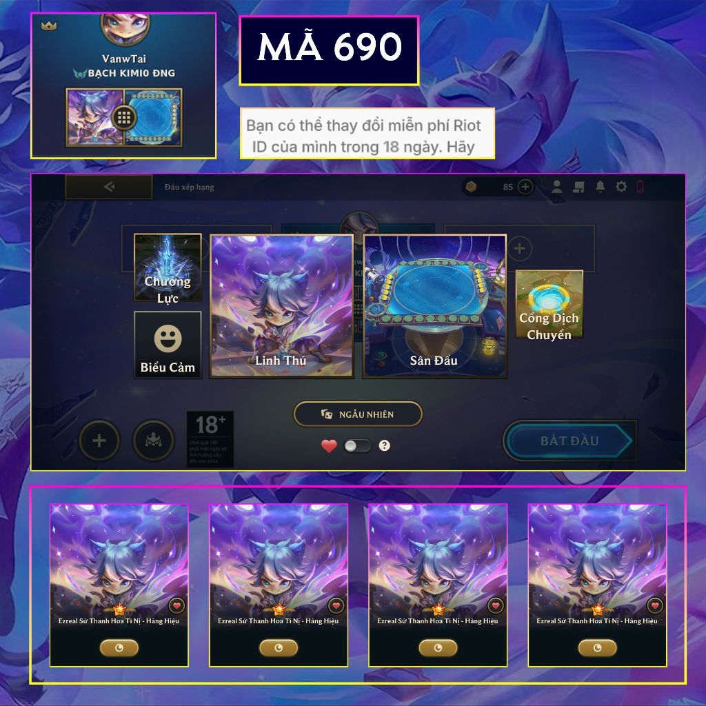 Acc TFT Ezreal Sứ Thanh Hoa Tí Nị - Hàng Hiệu - Mã 690